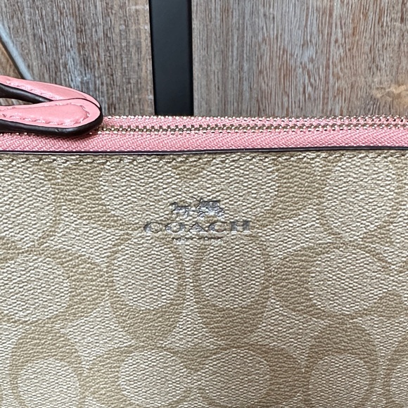 Coach Wristlet Wallet Double Zip Coated Canvas Light Khaki/Blush Bubblegum - Picture 2 of 14